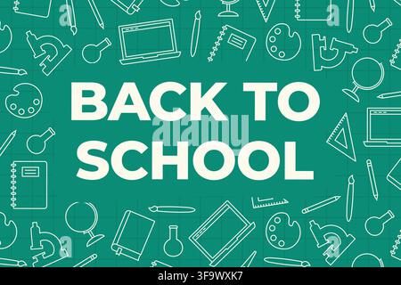 back to school banner with laptop, notebook, scissors, pencil, brush, microscope, globe, book, triangle ruler line icons - vector illustration Stock Vector