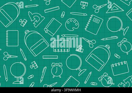back to school banner seamless pattern with alarm clock, ruler, scissors, clips, pen, pencil, notebook, scissors, backpack and globe icons - vector il Stock Vector