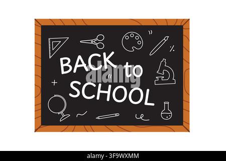 back to school chalkboard with Back to School text and icons: pencil, paintbrush, scissors, globe, ruler, test tube, microscope - vector illustration Stock Vector