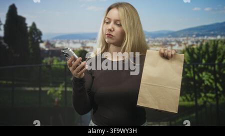 Woman holding smartphone and brown paper delivery bag, checking phone screen with a puzzled expression while standing by railing overlooking city on s Stock Photo