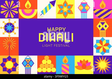 Happy Diwali Light Festival Wide Banner with Purple Text Box Vector Illustration Stock Vector