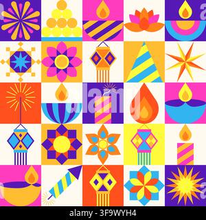 Diwali Festival Icon Pattern with Diya Lamps and Fireworks Vector Illustration Stock Vector