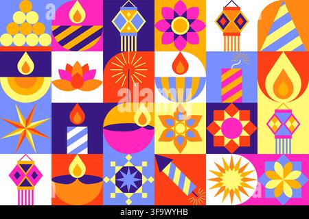 Diwali Icon Pattern with Multicolor Grid and Diya Lamp Vector Illustration Stock Vector