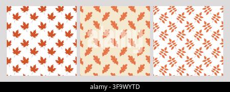 Three seamless autumn leaf patterns with maple, oak, and compound leaves in warm red-orange shades. Perfect seasonal design for backgrounds Stock Vector