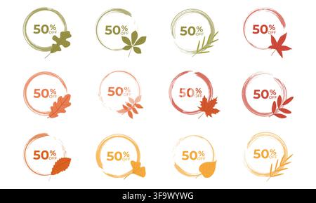 Set of twelve autumn discount labels with 50 OFF text inside colorful leaf-decorated brushstroke circles. Perfect seasonal design for sales Stock Vector