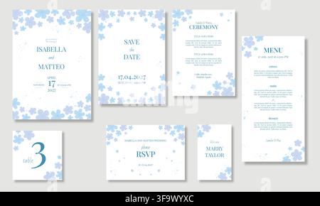 Coordinated wedding stationery set with elegant blue floral design, including invitations, RSVP, menu, table number Stock Vector