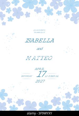 Elegant wedding invitation with blue floral design, featuring names Isabella and Matteo, date and time details Stock Vector