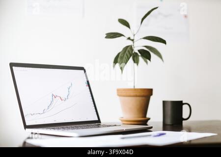 Workplace of stock trader with laptop in minimalistic style. Working Desk of investment manager with with green plant and cup of coffee. stocks price Stock Photo