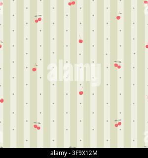 Green and white stripe pattern tinny cherries pattern Stock Vector