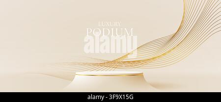 Luxury beige product podium with golden wavy lines for elegant brand presentation and display. Vector illustration. Stock Vector