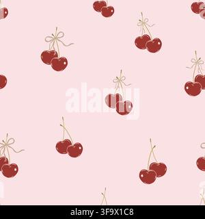 Cute cherries with bows pink background seamless fabric design pattern Stock Vector