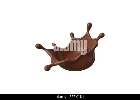 3d rendering of a dynamic chocolate milk splash with a swirling motion and several droplets flying around, isolated on white. Stock Photo