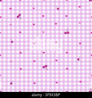Cherries with pink plaid pattern hearts with cherries seamless Stock Vector