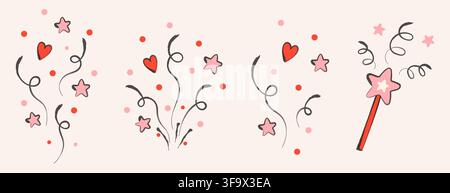Festive Confetti Doodle Set with Magic Wand, Hearts, Stars, Curly Streamers and Colorful Dots, Cute Hand Drawn Celebration Elements in Pink and Red Stock Vector