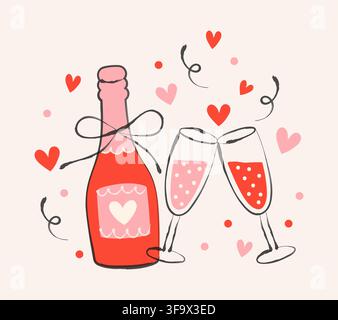 Champagne and Glasses. Romantic Celebration Doodle with Sparkling Wine Bottle, Toasting Glasses, Hearts and Curly Confetti, Hand Drawn Party Stock Vector