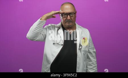 Man doctor in white coat with stethoscope and pens in pocket wearing spectacles salutes with hand to forehead against purple studio backdrop; duty res Stock Photo