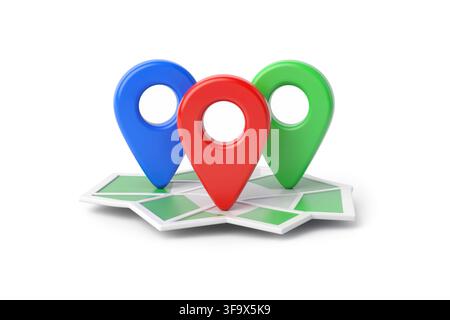 3d rendering of three map location pin markers in red, blue, and green colors, clustered together on a map. Stock Photo
