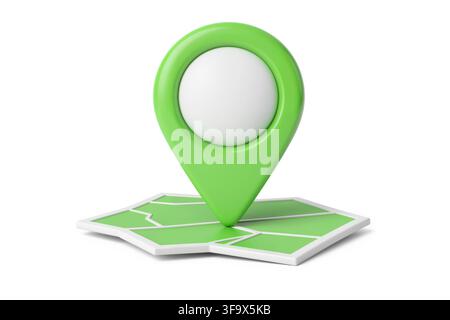 3d rendering of a lime green map location pin marker with a white circle on a folded map, showing a vibrant glossy smooth surface. Stock Photo