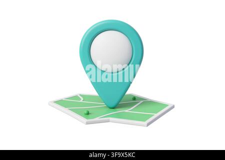 3d rendering of a teal map location pin marker with a white circle, placed on a green map with white lines. Stock Photo