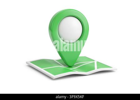 3d rendering of a green map location pin marker with a white circle on a folded map, featuring a glossy smooth surface and soft ambient light. Stock Photo