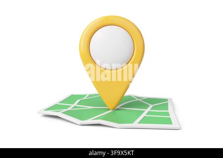 3d rendering of a yellow map location pin marker with a white circle, placed on a green map with white lines. Stock Photo