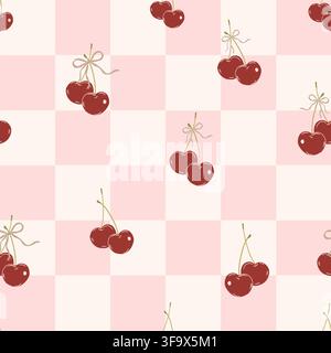 Pink plaid red cherry with bows seamless fabric design pattern. Vector illustration Stock Vector