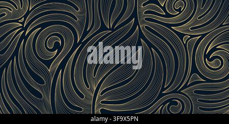 Luxury abstract floral pattern with elegant golden line leaves, flowers, tropical botanical elements in art deco style, Japanese design. Wallpaper Stock Vector