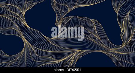 Luxury vector abstract pattern with elegant golden line waves, flowing curves, modern Japanese geometric elements on a dark background. Wallpaper Stock Vector
