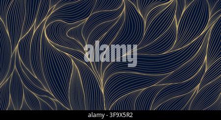 Luxury abstract floral pattern with elegant golden line leaves, flowers, tropical botanical elements in art deco style, Japanese design. Wallpaper Stock Vector