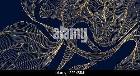 Luxury vector abstract pattern with elegant golden line waves, flowing curves, modern Japanese geometric elements on a dark background. Wallpaper Stock Vector