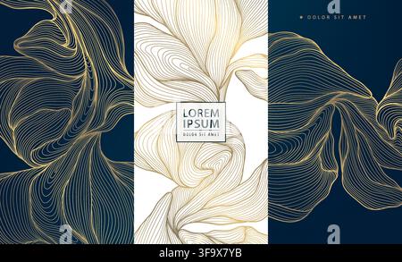 Luxury floral pattern with elegant golden line leaves, flowers, and modern art deco ornaments, Japanese design. Packaging, tea and coffee labels Stock Vector