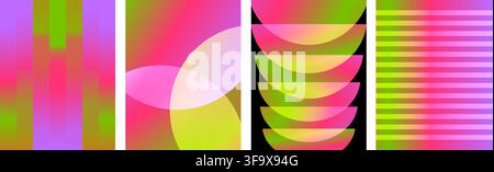 Abstract vertical banners featuring vibrant neon gradients and geometric patterns in four distinct sections Stock Vector