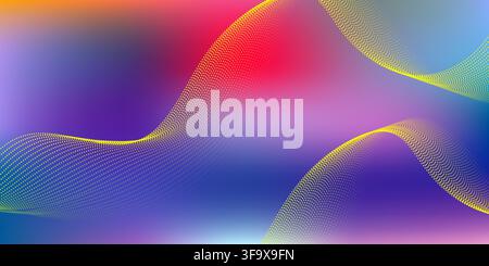 Abstract background with glowing golden particles flowing on a vibrant colorful gradient mesh backdrop Stock Vector
