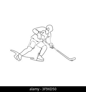 Professional hockey athlete practicing on ice in dynamic single line illustration line art Stock Vector