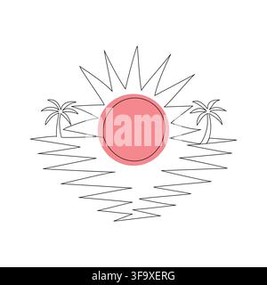 Continuous single line sunset outline art illustration Stock Vector