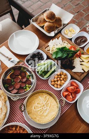 Delicious traditional Turkish breakfast spread on table Stock Photo