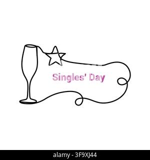 Singles Day 11:11 female Heart continuous line art illastartion drawing white background on November 11th Stock Vector