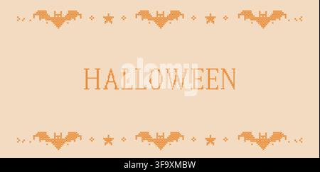 Cross stitch Halloween frame border template. Spooky embroidery folk art background. Digital ribbon design with bat. Vampire trim layout, vintage autu Stock Vector