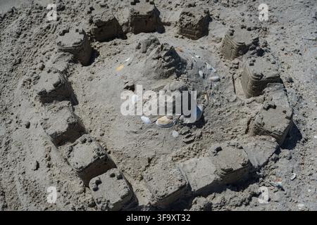 Small seashells scattered on wet sandy beach near the sea, natural summer coastal background. Stock Photo
