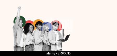 Diverse Group Of Young Adults Celebrating Success While Using Laptop, Office Setting. Business Concept Stock Photo