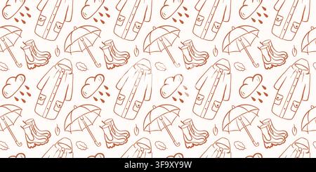 Seamless autumn rain pattern with raincoat umbrella cloud boot and leaf in line art style. Seasonal weather concept. Brown isolated background. repeat Stock Vector