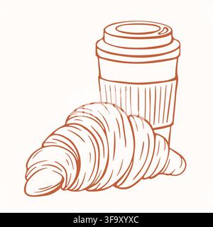 Coffee cup with croissant line art sketch. Breakfast morning snack and beverage icon isolated on white background. Minimalist graphic symbol. Vector Stock Vector