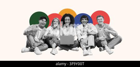 Happy Multiracial Group Of Young Adults Using Laptop Together, Smiling At Home, Community Concept Stock Photo