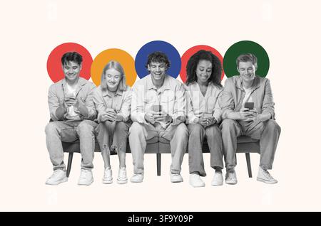 Five Young Adults Using Smartphones In Casual Setting, Relaxed Atmosphere, Togetherness Stock Photo