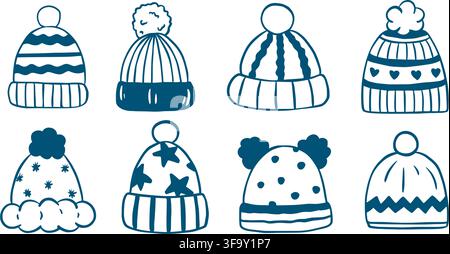 Winter knitted hats set in doodle style. Collection of cute headwear with different patterns and pompoms for cold season. Fashionable warm accessories Stock Vector
