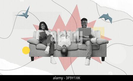 Happy Young Diverse Family Using Digital Devices On Sofa At Home, Family Lifestyle Concept Stock Photo