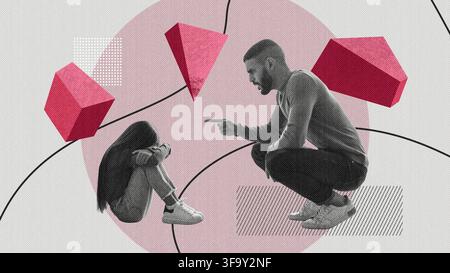 Worried Black Young Woman Sitting On Floor While Man Scolding Her, Counseling Concept Stock Photo