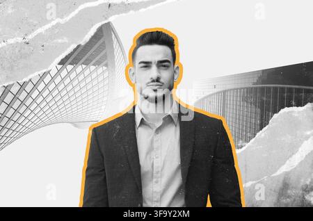 Confident Young Caucasian Man In Formal Suit Posing Against Modern Architectural Background, Business Concept Stock Photo