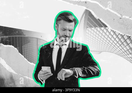 Businessman Checking Watch And Using Smartphone In Modern Urban Setting, Business Concept Stock Photo