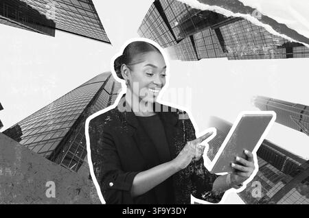 Smiling Black Woman Using Tablet In Modern Office, Business Concept Stock Photo